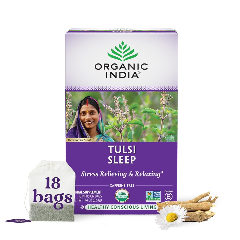 Organic India Tulsi Sleep Herbal Tea - Holy Basil, Ashwagandha, Chamomile, Night Time Tea For Bedtime, Stress Relieving & Relaxi