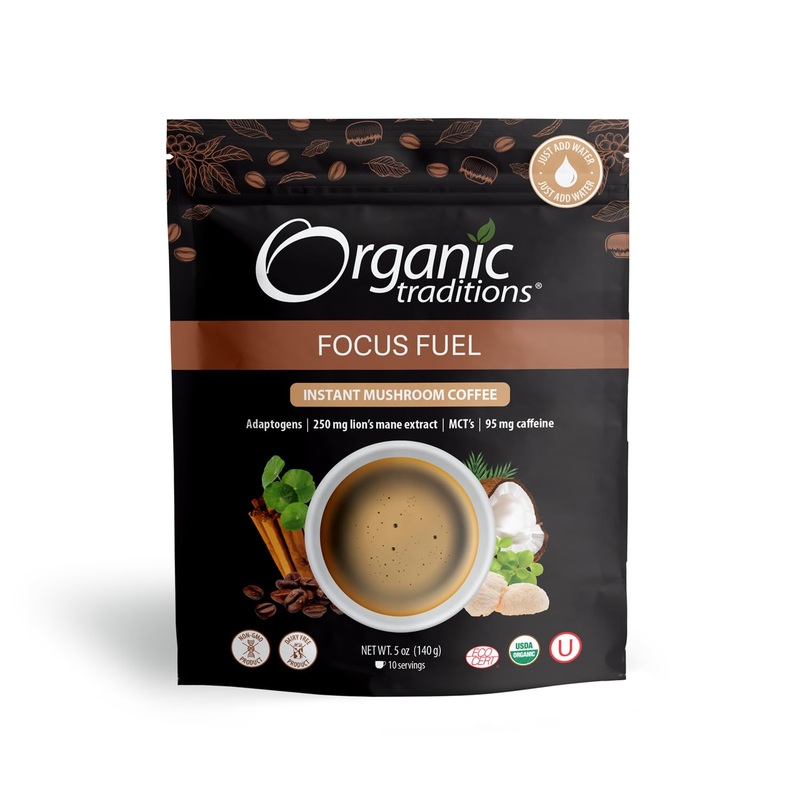 Organic Traditions Focus Fuel Mushroom Coffee - Organic Instant Mushroom Coffee With Lions Mane, Adaptogens, Mcts & Coconut Milk