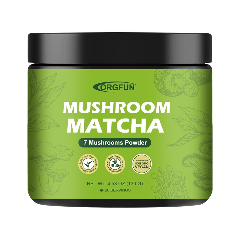 Orgfun Mushroom Matcha, Japanese Ceremonial Matcha Infused With 7 Superfood Mushrooms, Mct Oil, Coconut Milk Powder, No Added Su