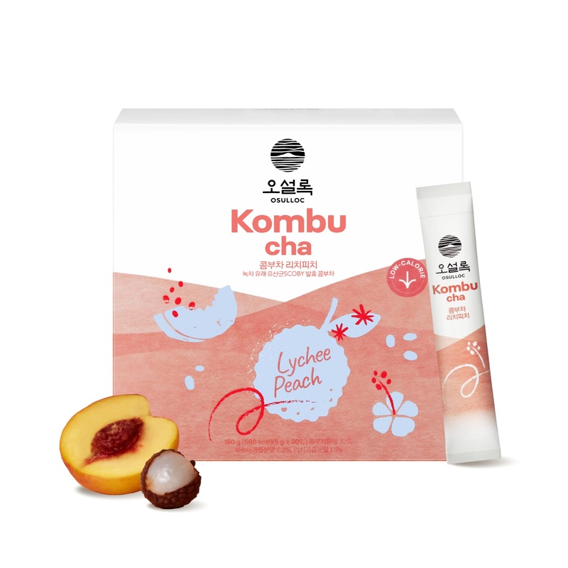 Osulloc Kombucha Tea Lycheepeach (Lychee & Peach Blending), Sparkling Powdered Mix Drink, No Added Sugar, 30 Sticks, 5.3Oz