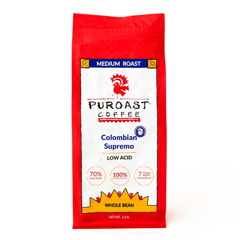 Puroast Low Acid Coffee Bean | Colombian Supremo Whole Bean | Medium Roast | High Antioxidants & High Ph |No Bitter Aftertaste |