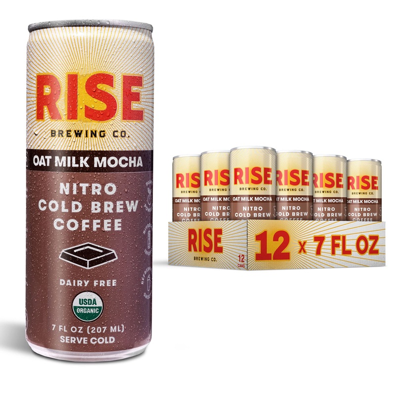 Rise Brewing Co. Oat Milk Mocha Nitro Cold Brew Latte, Vegan & Non-Dairy, Organic, Non-Gmo, Low Acidity, 7 Fl. Oz. Cans (12 Pack