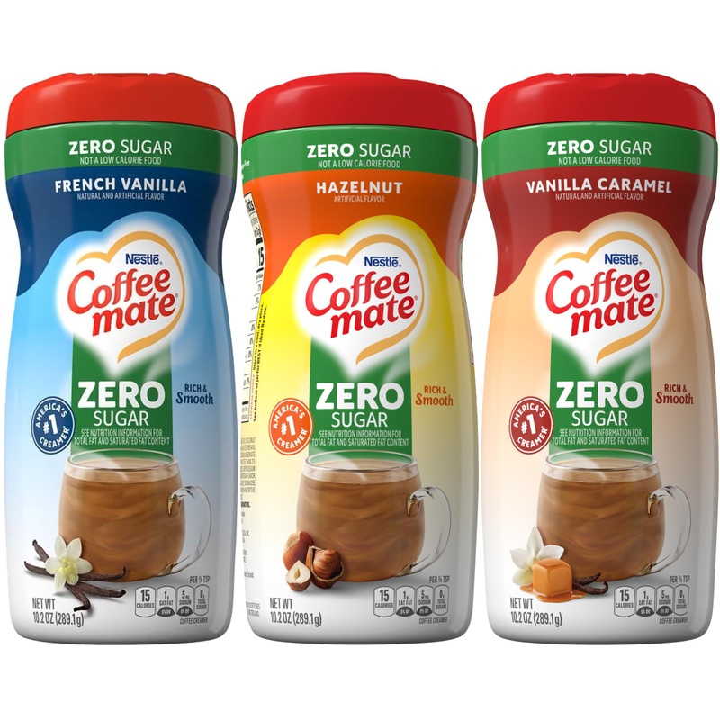 Coffee Mate Zero Sugar Powder Coffee Creamer Variety, French Vanilla, Vanilla Caramel, Hazelnut, 10.2 Oz (Pack Of 3)