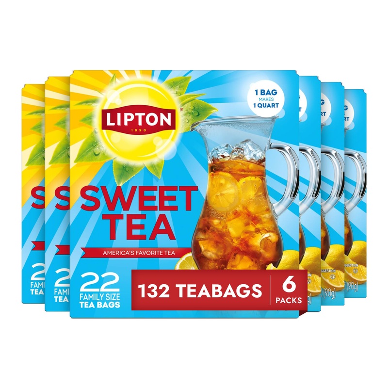 Lipton Southern Sweet Iced Tea Bags, Family Size Zero Calories, 132 Total Bags (22Ct - Pack Of 6)