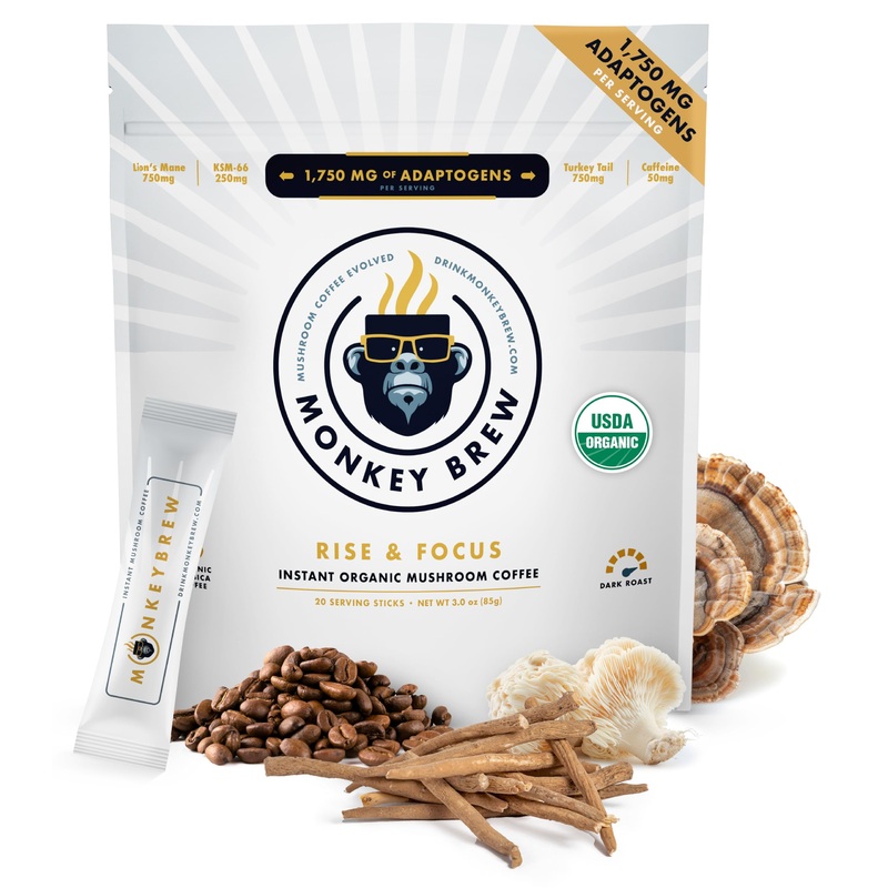 Monkey Brew Rise & Focus: Organic Dark Roast Arabica Mushroom Coffee - 1,750Mg Adaptogenic Blend W/Lions Mane, Turkey Tail, Ksm-