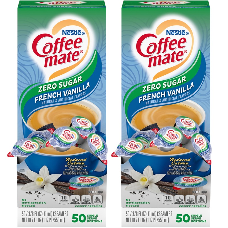Nestle Coffee Mate Liquid Coffee Creamer Singles, Zero Sugar French Vanilla, 50 Ct Box (Pack Of 2)