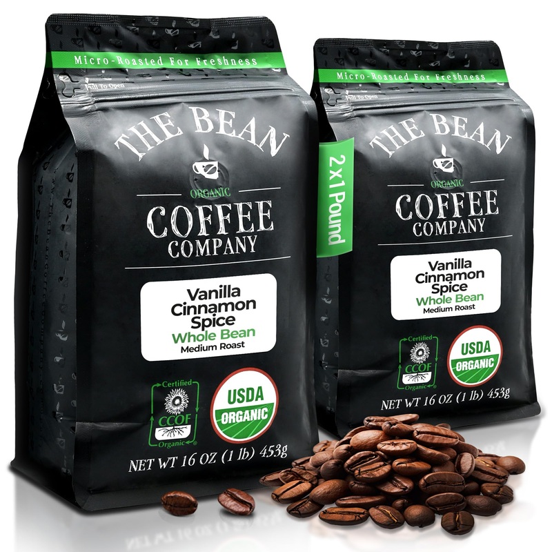 The Bean Organic Coffee Company Holiday Bean (Vanilla Cinnamon Spice), Medium Roast, Whole Bean Coffee, 16-Ounce Bags (Pack Of 2