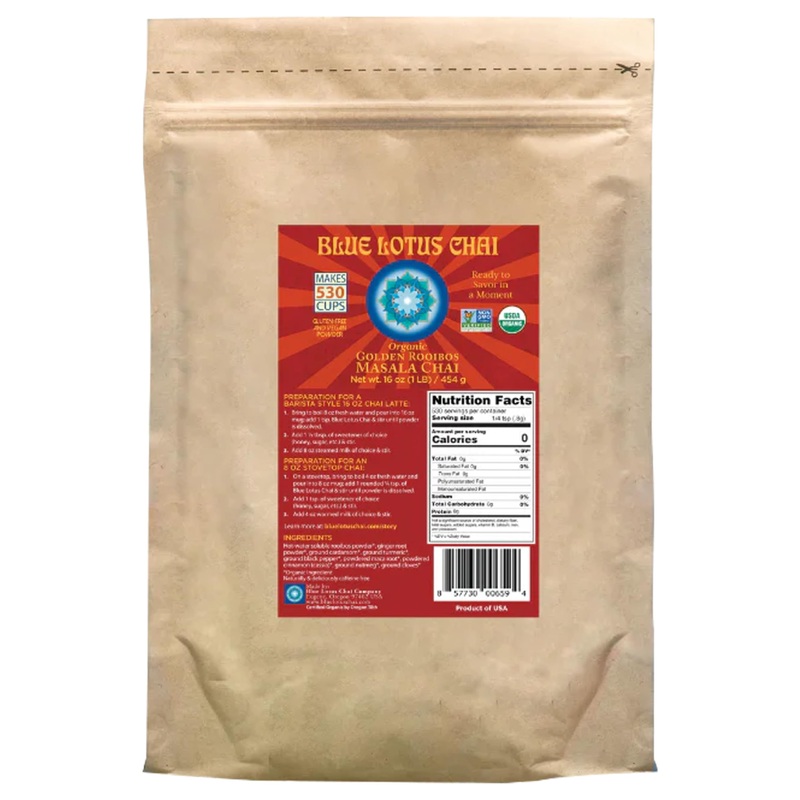 Blue Lotus Chai - Golden Rooibos Masala Chai - Makes 530 Cups - 1 Pound Bulk Bag Masala Spiced Chai Powder With Organic Spices -