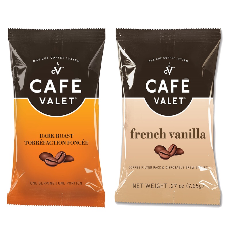 Cafe Valet Single Serve Individually Wrapped Coffee Packs, Regular Dark Roast And French Vanilla 100% Arabica Coffee, 168 Count