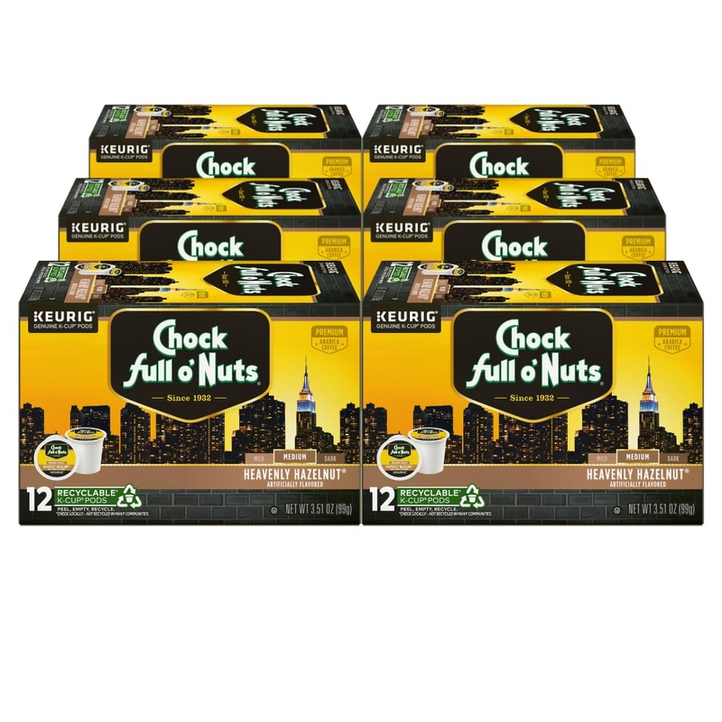 Chock Full O'Nuts Heavenly Hazelnut Coffee, Compatible With Keurig K-Cup Pods, 12 Ct (Pack Of 6)