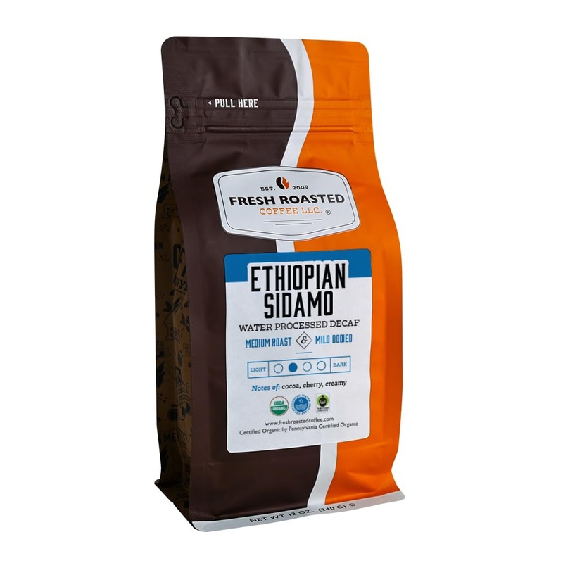 Fresh Roasted Coffee, Fair Trade Organic Ethiopian Sidamo Water Decaf, 12 Oz, Kosher, Medium Roast Whole Bean
