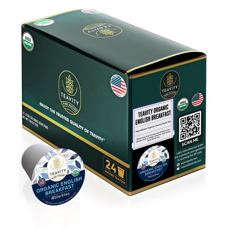Organic English Breakfast Tea Pods For Keurig - Naturally Caffeinated Unsweetened Black Tea Pods By Teavity (24 Tea Pods)