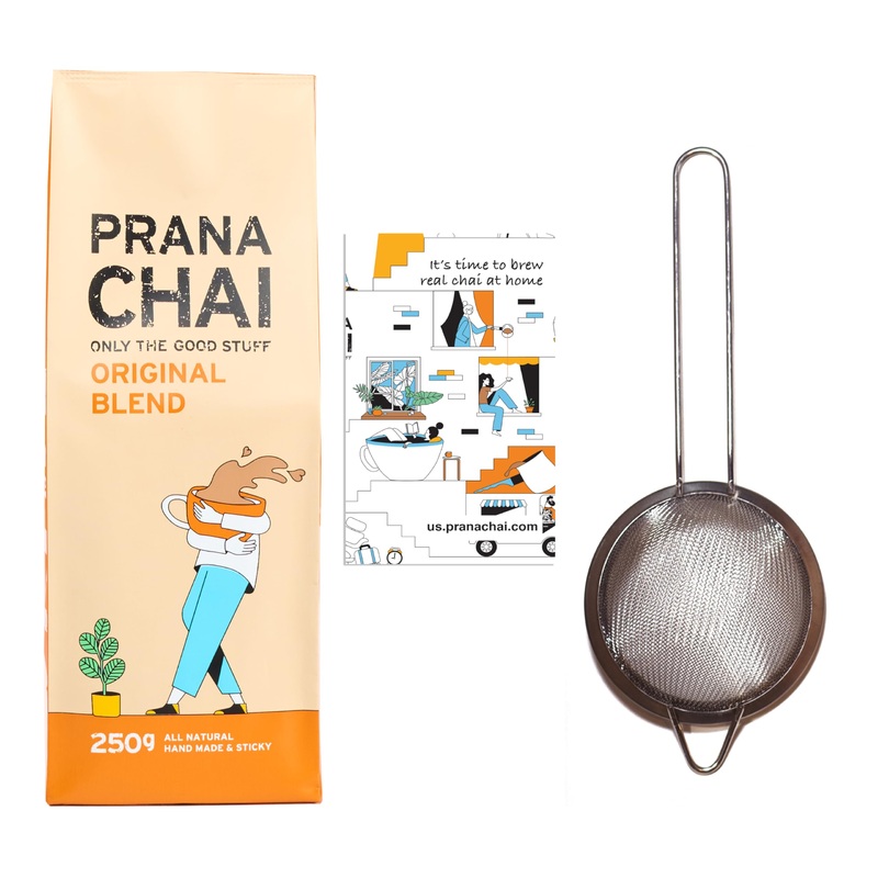Prana Chai Masala Blend 250 Gram + Fine Mesh Tea Strainer. Brew Chai And Strain At Home With Included 3 Inch Fine Mesh Strainer