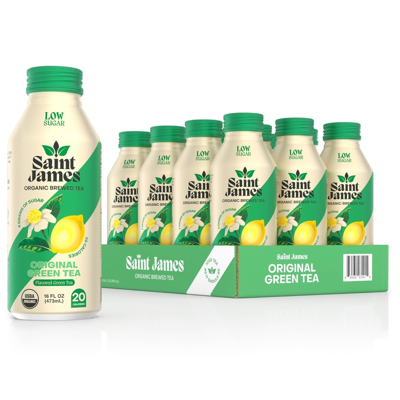 Saint James Iced Tea - Organic Green Tea - Non Gmo, Gluten Free, Low Calorie & Low Sugar - Original Green Tea, 12 Pack (16 Fl Oz