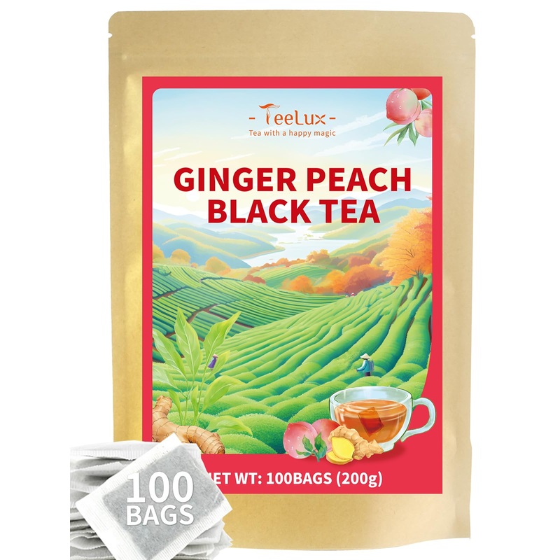 Teelux Peach Ginger Black Tea, Mellow Black Tea With Spicy Ginger & Peach Flavor, Caffeinated, 100 Count