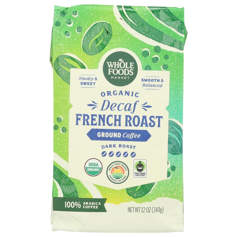 Whole Foods Market, Organic Decaf Ground Coffee, Dark French Roast, Smoky & Sweet, Smooth & Balanced, 12 Ounce