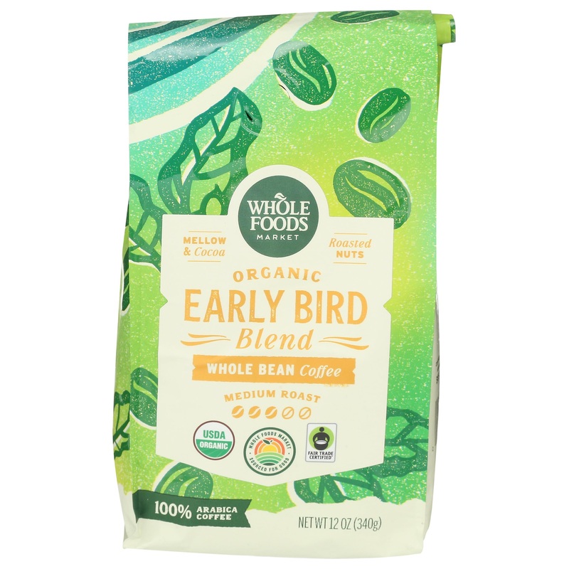 Whole Foods Market, Organic Early Bird Blend, Medium Roast Whole Bean Coffee, Cocoa & Roasted Nuts, 12 Ounce