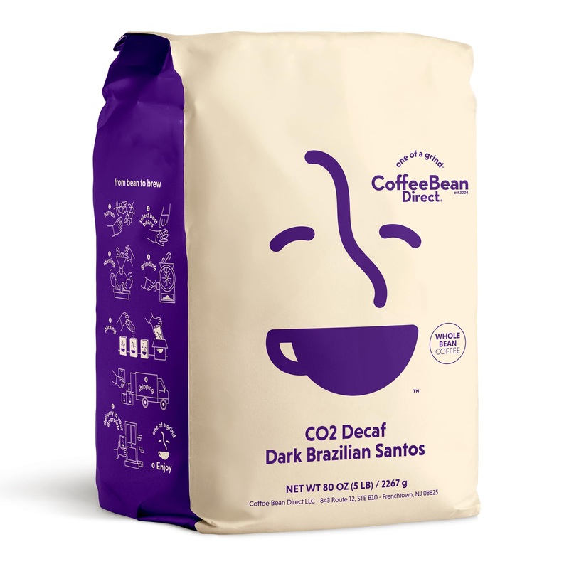 Coffee Bean Direct Co2 Decaf Dark Brazilian Santos, Whole Bean Coffee, Dark Roast, 5 Pound Bag (Pack Of 1)
