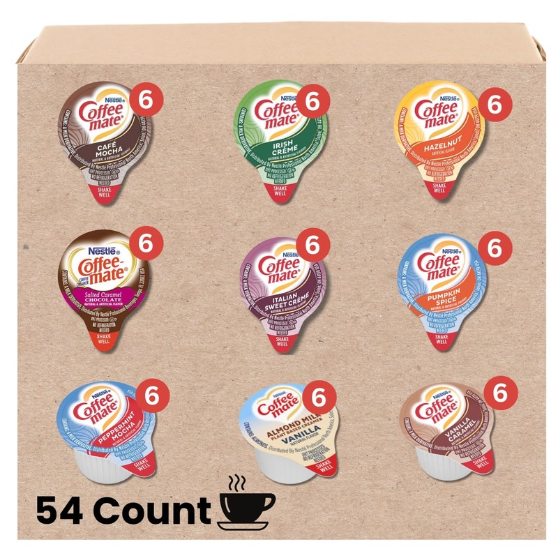 Coffee Creamer Single Serve Variety Pack (54Ct/ 9 Different Flavor) Irish Creme, Cafe Mocha, Chocolate, Peppermint, Pumpkin Spic