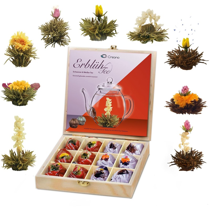 Creano Flowering Tea Abloom Tea - Blooming Tea Gift Set In Stylish Wooden Tea Box - 12 Pieces, Mix Of White & Black Tea A Gift F