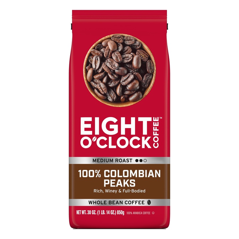 Eight O'Clock Coffee 100% Colombian Peaks Whole Bean Coffee, Medium Roast, 30 Ounce (Pack Of 1) - Rich, Winey & Full Bodied
