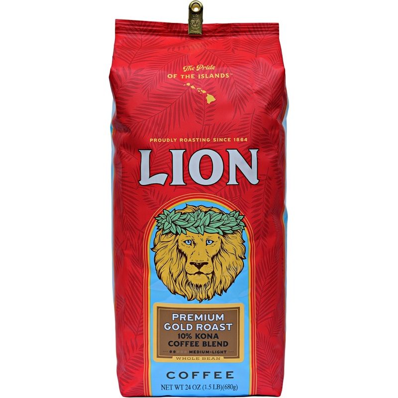 Lion Coffee Premium Gold Roast Whole Bean Coffee, 10% Kona Blend, Medium-Light Roast, A Taste Of Aloha - 24 Ounce Bag