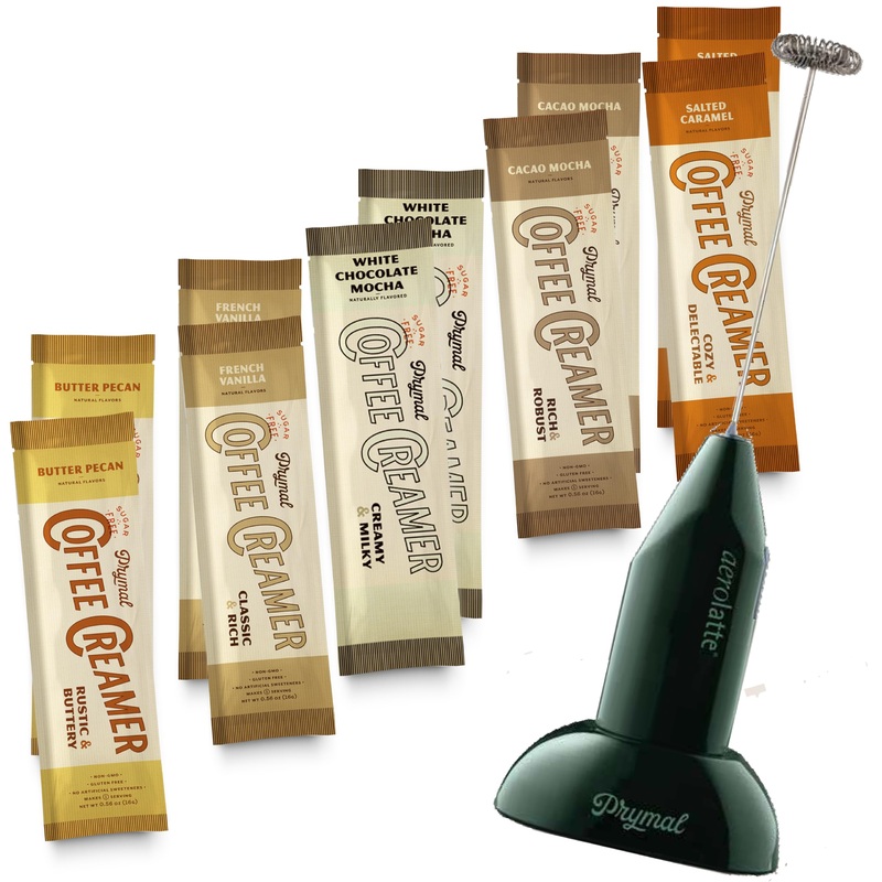 Prymal Sugar Free Coffee Creamer - Deliciously Keto, Low Carb & Non Dairy - Variety 10 Satchets (5 Flavors) + 1 Frother - Powder