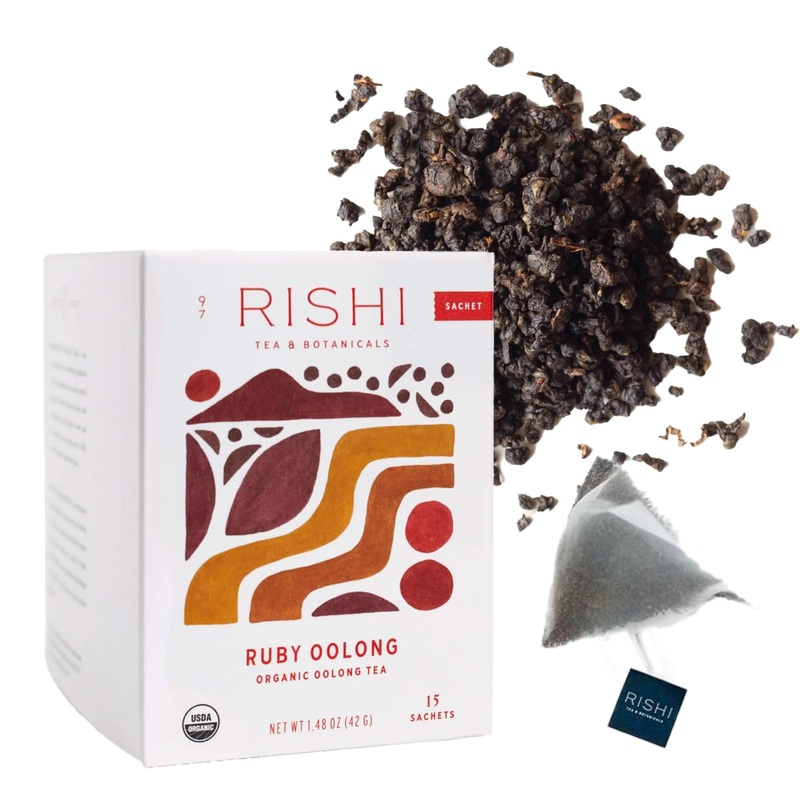 Rishi Tea Ruby Oolong Tea - Organic Caffeinated Sachets, 15 Count, Hot or Iced, Slow Baked Ball Rolled Oolong