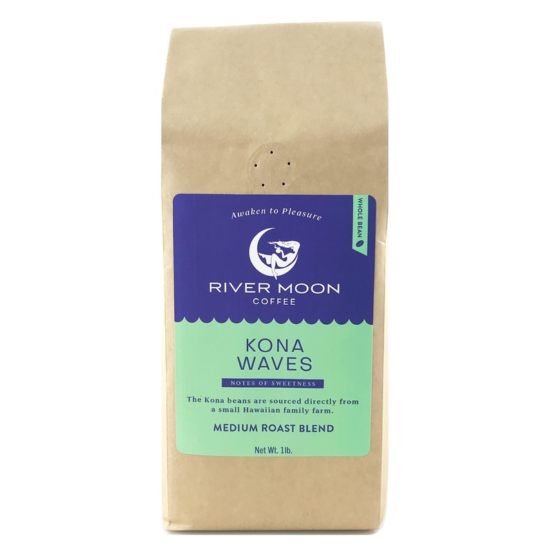 River Moon Coffee, Kona Coffee Whole Bean, Medium Roast, 16 Ounce, Kona Waves Hawaiian Blend, Sustainably Farmed, 100% Arabica