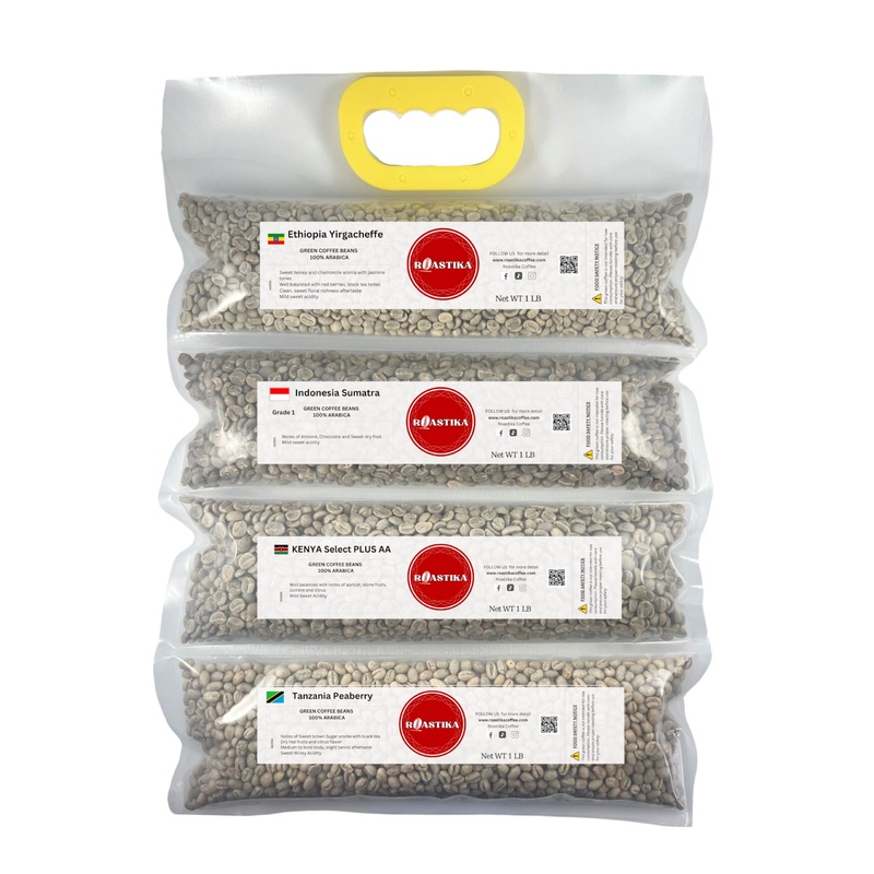 Roastika - Unroasted Coffee Bean - 4Lb (Pack Of 4) - Sampler Pack - Fancy Bundle (Ethiopia Yirgacheffe/Indonesia Sumatra/Kenya P