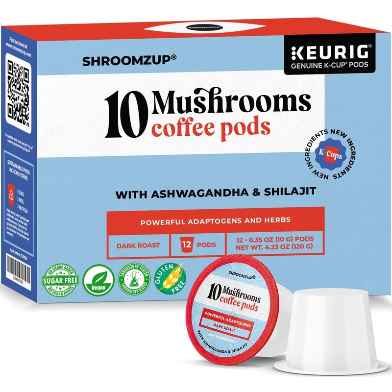 Shroomzup Mushroom Coffee K Cups 12 Pods - 10 Mushroom Coffee With Ashwagandha And Shilajit - Dark Roast Single Serve K-Cup Pods