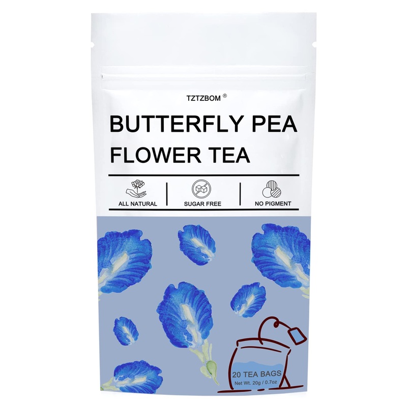 Tztzbom Butterfly Pea Tea - 20 Pyramid Tea Bags - Premium Dried Butterfly Pea Flower For Food, Iced Tea, Cooler, Cocktails, Mock