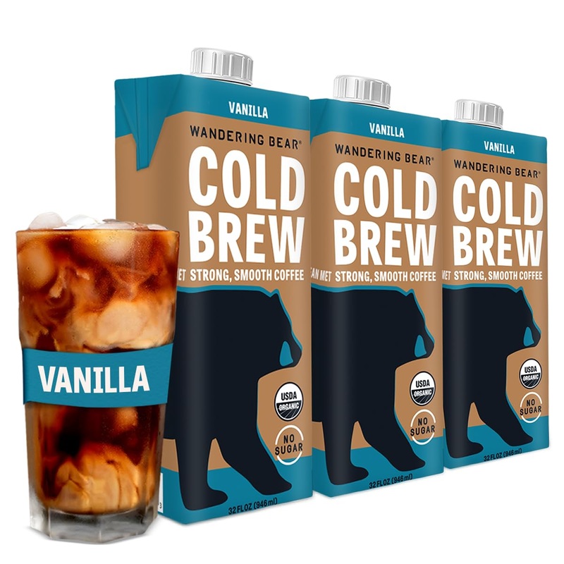 Wandering Bear Organic Vanilla Cold Brew Coffee, 32 Fl Oz, 3 Pack - Extra Strong, Bold, Smooth, Unsweetened, Shelf-Stable, Ready