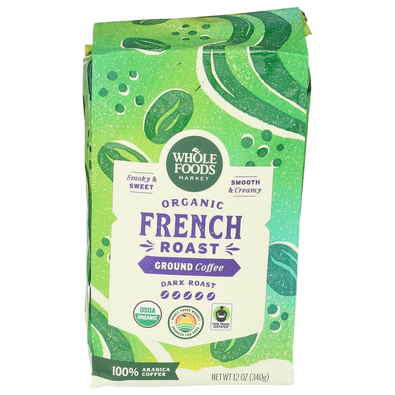 Whole Foods Market, Organic Ground Coffee, Dark French Roast, Smoky & Sweet, Smooth & Creamy, 12 Ounce