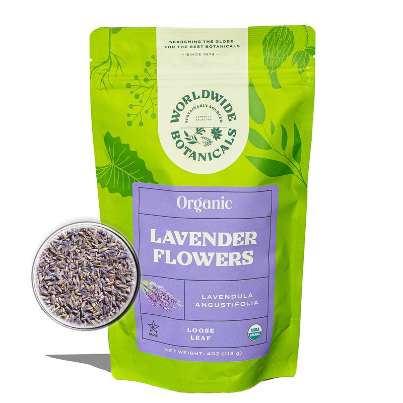 Worldwide Botanicals Organic Lavender Flowers, 4 Ounces, Pure European Lavender Buds, Perfect For Aromatherapy, Sachets, Wedding
