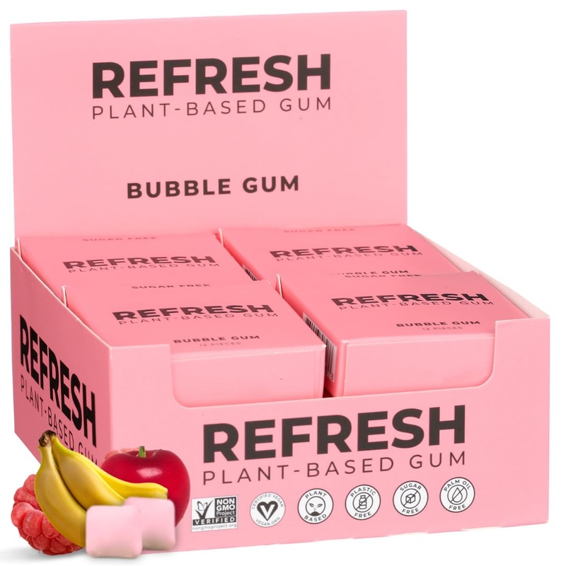 Refresh Gum, Sugar Free, Natural, Xylitol, Long Lasting Chewing Gum, Natural Flavors & Organic Ingredients, Plant-Based, Plastic