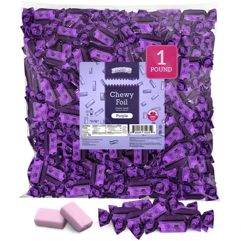 Zazers Purple Chewy Foil Candy - 1 Pound - Raspberry Flavor - Individually Wrapped, Perfect For Color Themed Party Decor, Great