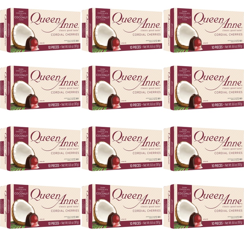 Queen Anne Dark Chocolate Coconut Covered Cordial Cherries | 6.6 Oz (Pack Of 12) | 10 Piece Gift Boxes | Whole Maraschino Cherry