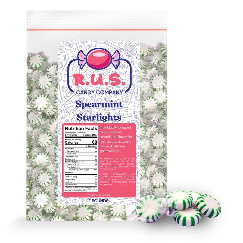 R.U.S. Candy Company Spearmint Starlite Candy - 1 Pound Bag - Refreshing Hard Mint Candy Perfect For Parties And Holiday Celebra