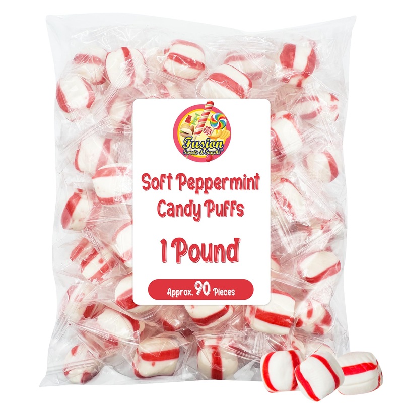 Soft Peppermint Puff Candy - 1 Pound Bag - Individually Wrapped Soft Mints Peppermint Puffs