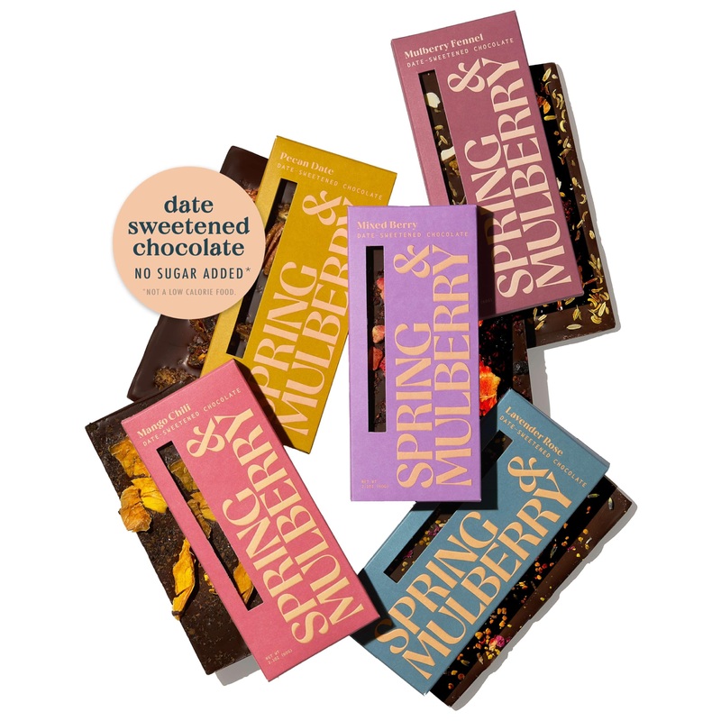 Spring & Mulberry Date-Sweetened Chocolate - 5-Bar Embellished Pack, Flavors With Fruits, Nuts, Spices & Essential Oils For The