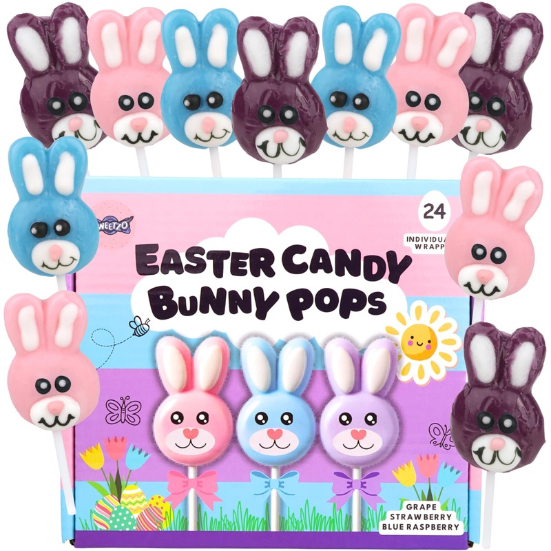 Sweetzo Easter Candy Bunny Lollipops, Individually Wrapped Fruit Flavored Suckers, Gift Basket Stuffers (24 Count)