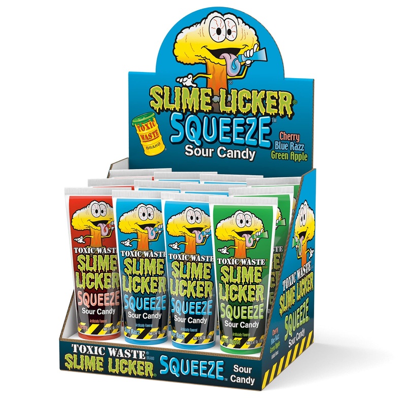 Toxic Waste - Slime Licker Squeeze - Sour Squeeze Slime Candy - Green Apple, Blue Razz, & Cherry Flavors - 2.47 Oz. Tubes - 12 P