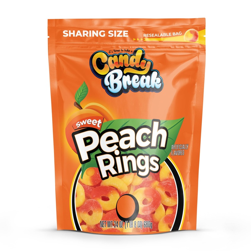 Candy Break Fruity Peach Rings 24 Oz Share Size Bag Pack Of 6 - Sweet & Chewy Gummies Bulk Candy Pack - Snacks For Kids & Grown
