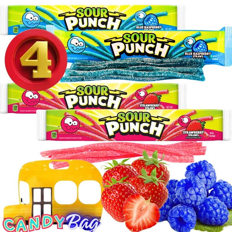 (Pack Of 4) Sour Straws Punch - 4 Extra Large Trays Of 2 Flavors - Blue Raspberry And Strawberry - Comes With One Bus Resealable