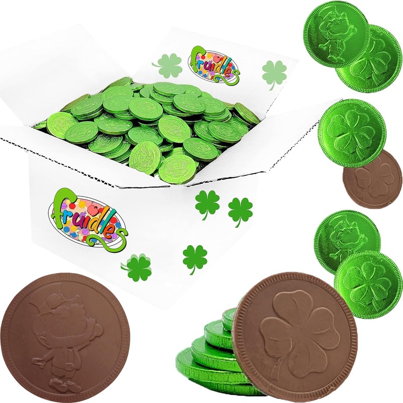 Saint Patrick'S Day 1000 Clover Shamrock Leprechaun Chocolate Green Coins, Premium Belgian Nut-Free Milk Chocolate, Kosher (1000