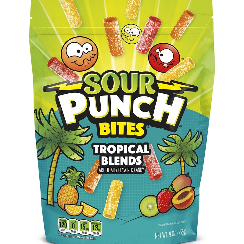 Sour Punch Bites, Tropical Fruit Flavors, Soft & Chewy Sweet, Sour Candy, 9 Ounce (Pack Of 12)
