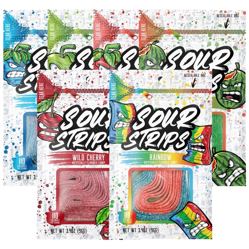 Sour Strips Flavored Sour Candy Strips, Deliciously Sour Chewy Candy Belts, Vegetarian Candies, Sampler 6 Pack