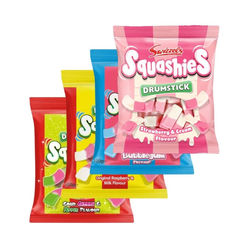 Squashies Drumstick Original Rasberry & Milk, Sour Cherry & Apple Flavour, Bubblegum, Strawberry & Cream Flavor, Candies - Multi