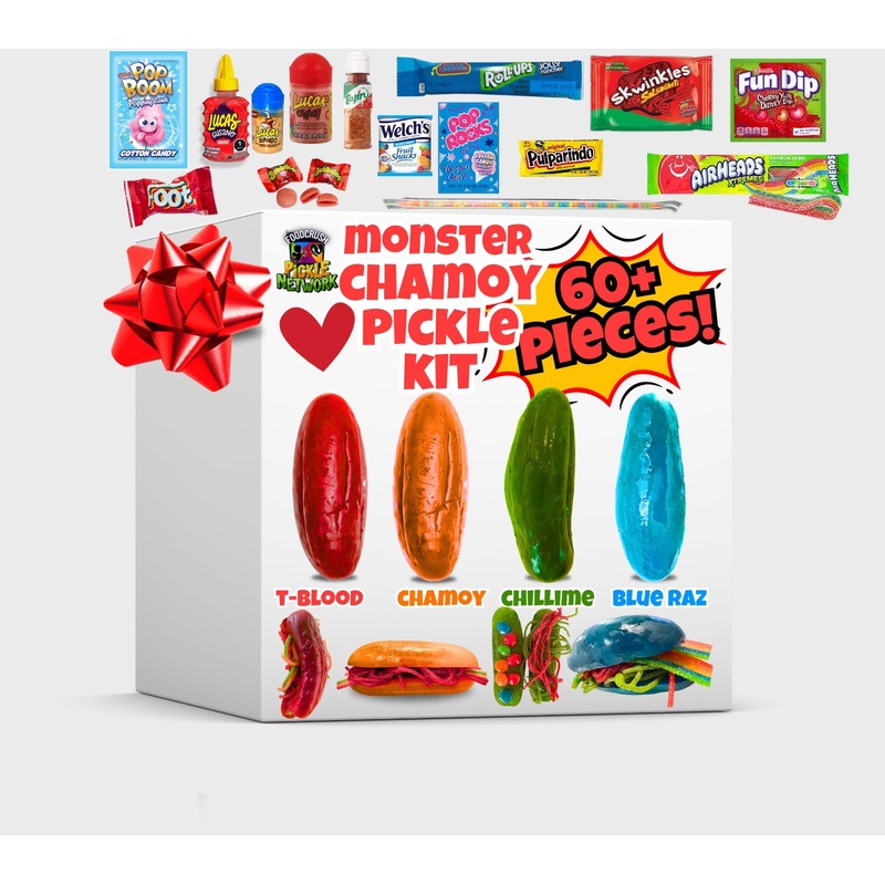 Chamoy Pickle Kit Monster 60 Piece Candy Gift Box Variety Pack From Tiktok-Cotton Candy Pop Rocks, Fruit Roll-Ups, Lucas Gusano,